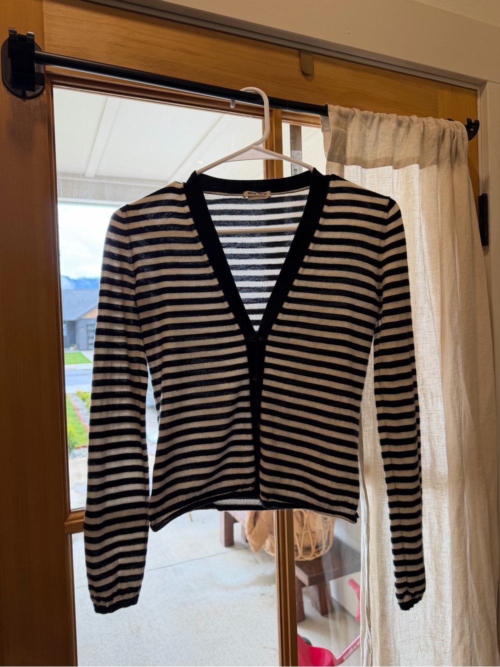 Miu Miu Black & White Striped V-Neck Cardigan